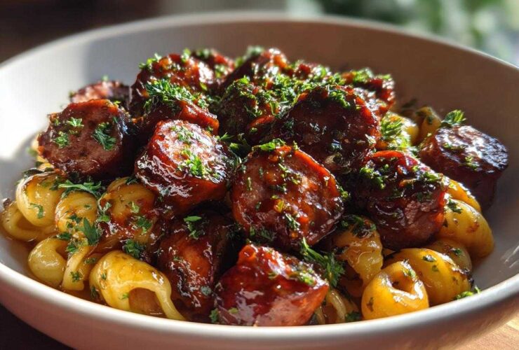 Close-up of Sticky Honey Garlic Sausage Pasta Skillet featuring glazed sausage pieces and shell pasta, garnished with parsley.