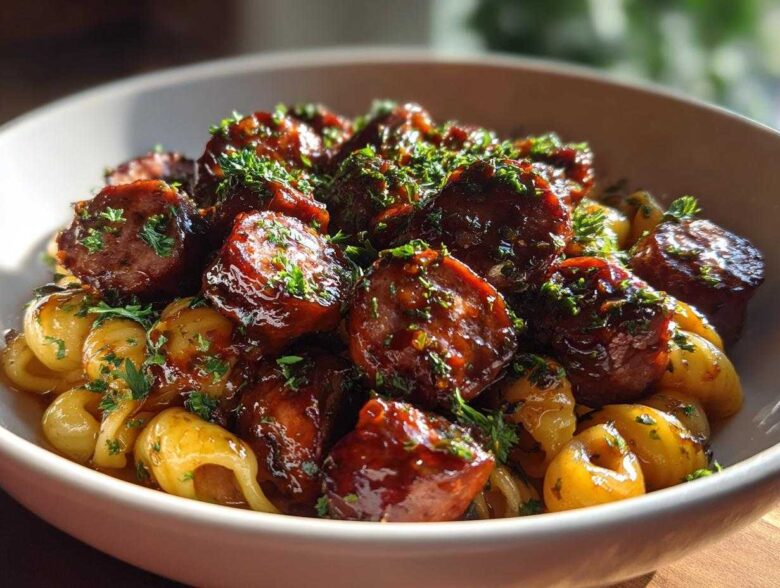 Close-up of Sticky Honey Garlic Sausage Pasta Skillet featuring glazed sausage pieces and shell pasta, garnished with parsley.