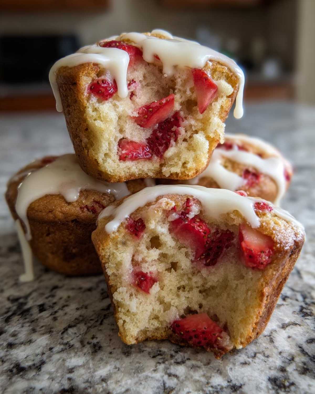 Close-up of two halves of a Strawberry Shortcake Muffins showing moist interior packed with fresh strawberries and topped with white glaze.