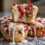 A stack of moist Strawberry Shortcake Muffins topped with a thick, dripping vanilla glaze and visible chunks of fresh strawberries.