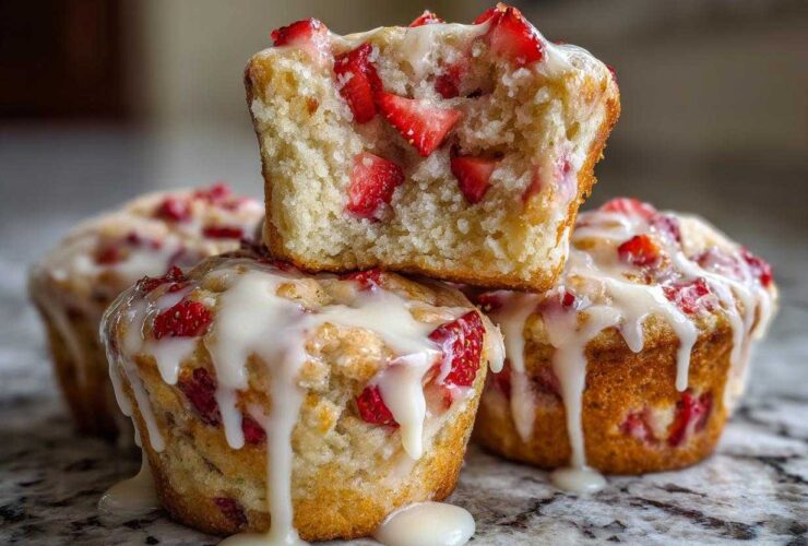 A stack of moist Strawberry Shortcake Muffins topped with a thick, dripping vanilla glaze and visible chunks of fresh strawberries.