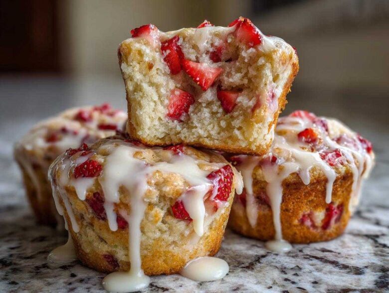 A stack of moist Strawberry Shortcake Muffins topped with a thick, dripping vanilla glaze and visible chunks of fresh strawberries.