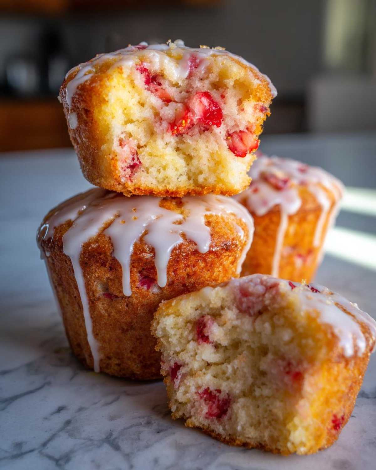 A stack of three glazed Strawberry Shortcake Muffins, one cut in half showing fresh strawberries inside.