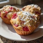 Three freshly baked Strawberry Shortcake Muffins topped with streusel and powdered sugar, resting on a white plate.