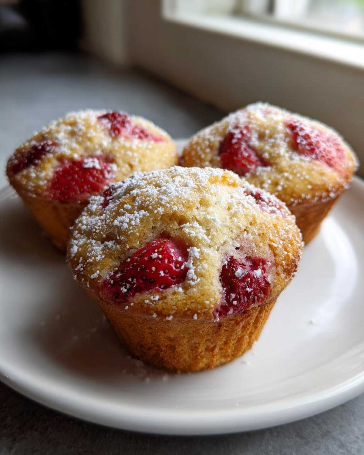 Three golden Strawberry Shortcake Muffins topped with fresh strawberries and dusted with powdered sugar, served on a white plate.