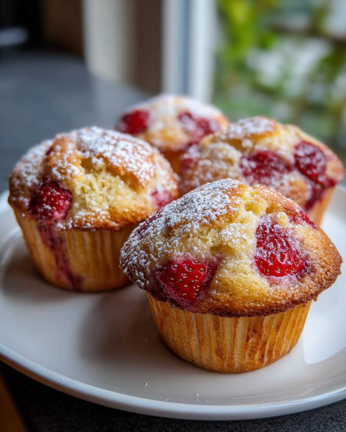 Four freshly baked Strawberry Shortcake Muffins dusted with powdered sugar on a white plate.