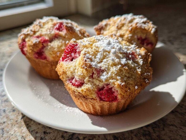 Three freshly baked Strawberry Shortcake Muffins topped with streusel and powdered sugar, resting on a white plate.