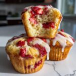 A stack of three moist Strawberry Shortcake Muffins topped with glaze and fresh strawberries, one cut open.