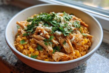 Close-up of a bowl of Street Corn Chicken Rice Bowl with shredded chicken, corn, cheese, and fresh cilantro.