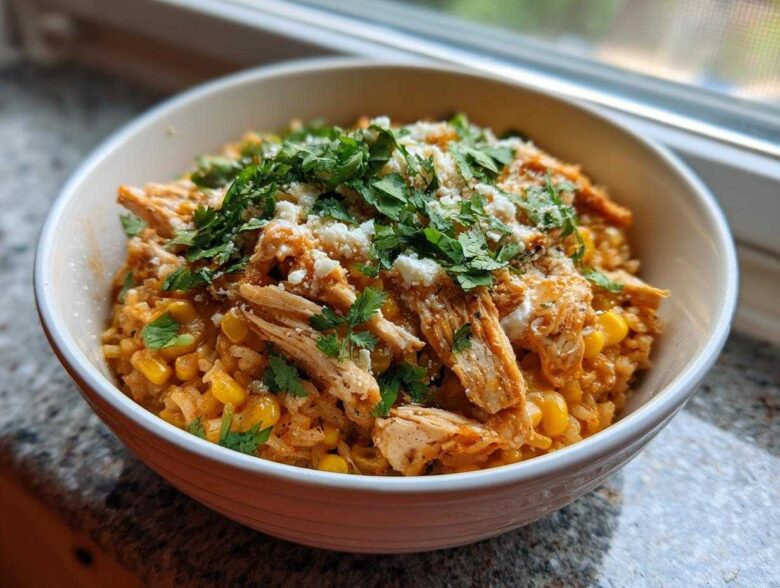 Close-up of a bowl of Street Corn Chicken Rice Bowl with shredded chicken, corn, cheese, and fresh cilantro.