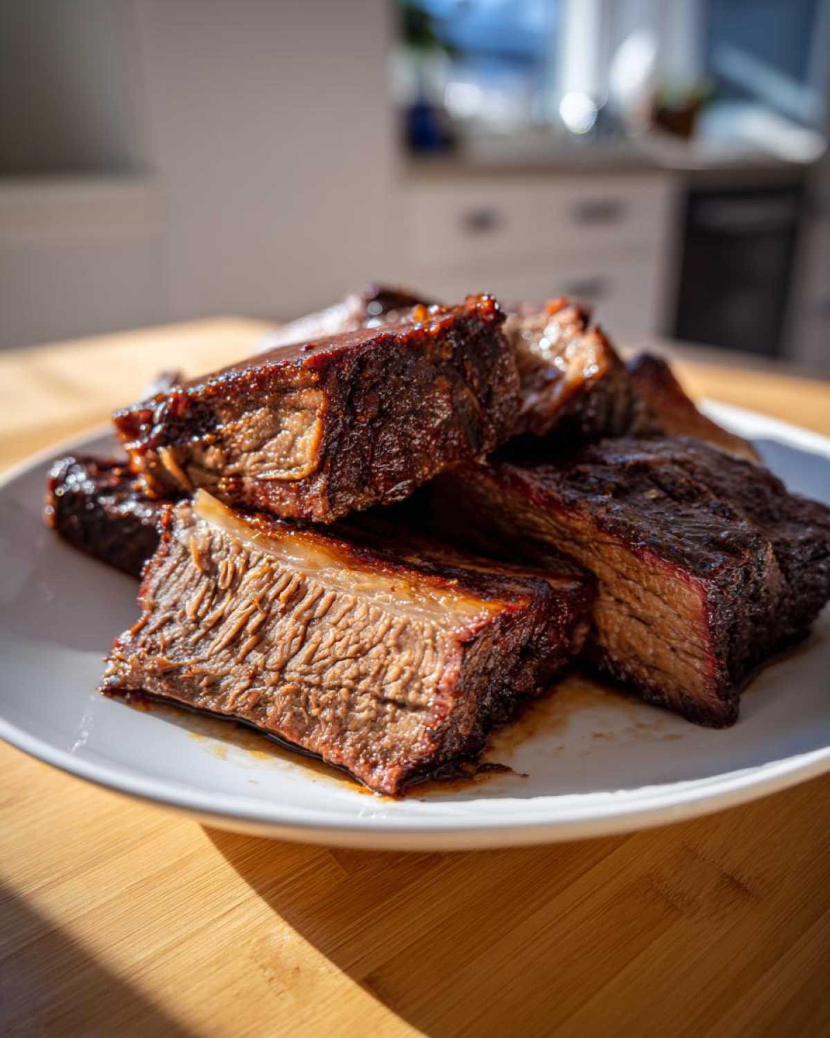 Close-up of tender, saucy slices of Brisket in Slow Cooker stacked on a white plate.