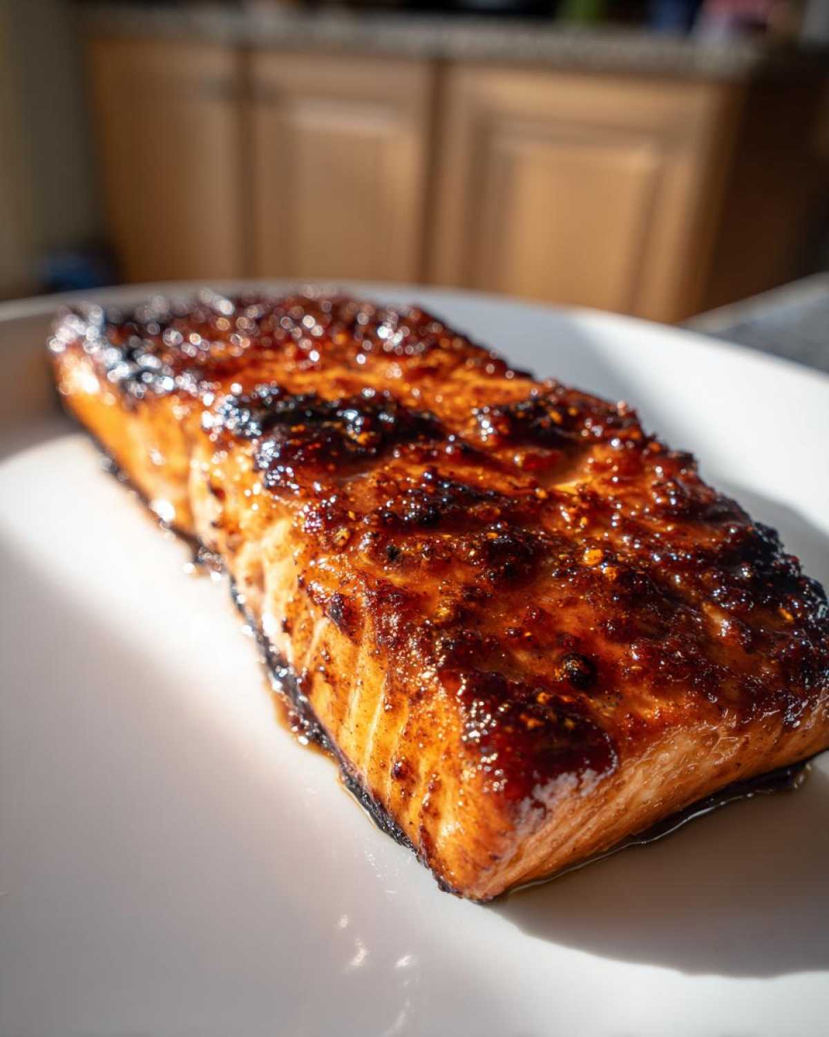 Close-up of a perfectly cooked, glazed fillet for Texas Roadhouse Salmon Copycat recipe.