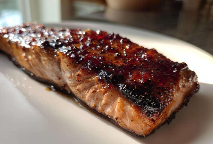 A close-up of a perfectly cooked Texas Roadhouse Salmon Copycat fillet with a dark, shiny glaze on top, resting on a white plate.