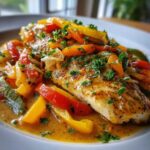 Close-up of a seasoned Tilapia in Pepper Sauce, topped with sautéed red, yellow, and green bell peppers and fresh parsley.