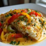 A close-up of a perfectly cooked fillet of Tilapia in Pepper Sauce, topped with colorful bell peppers and parsley.