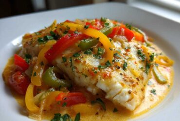 A close-up of a perfectly cooked fillet of Tilapia in Pepper Sauce, topped with colorful bell peppers and parsley.