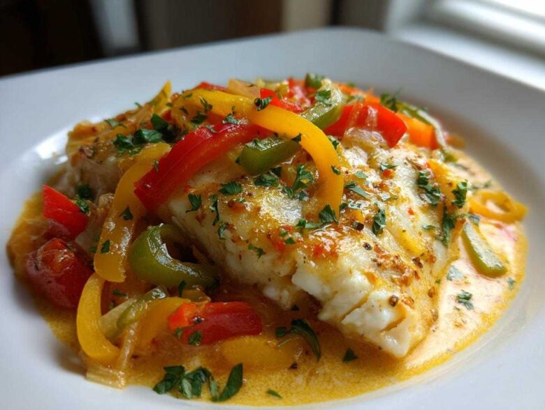 A close-up of a perfectly cooked fillet of Tilapia in Pepper Sauce, topped with colorful bell peppers and parsley.