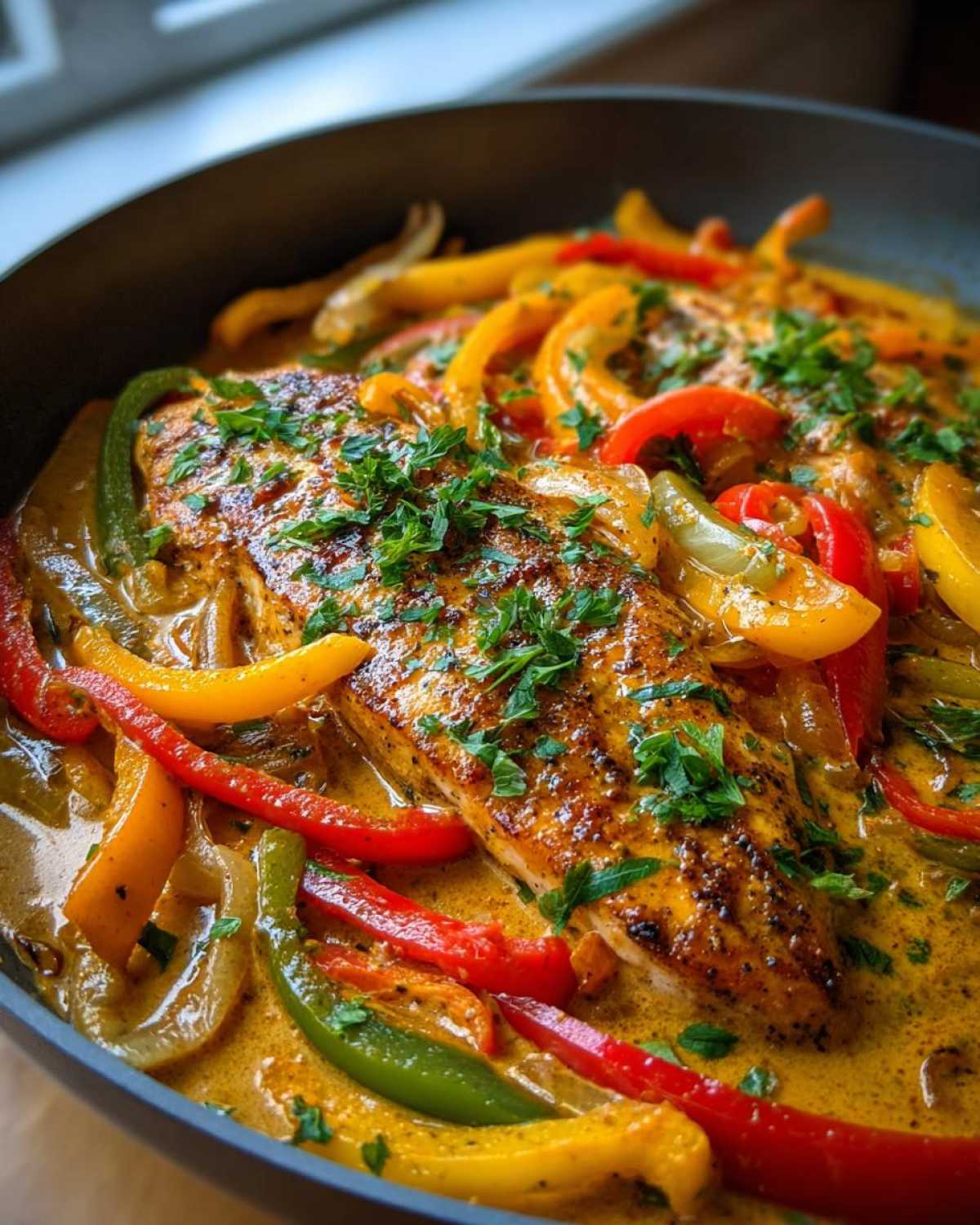 A close-up of seasoned Tilapia in Pepper Sauce, served in a dark skillet with colorful bell peppers.