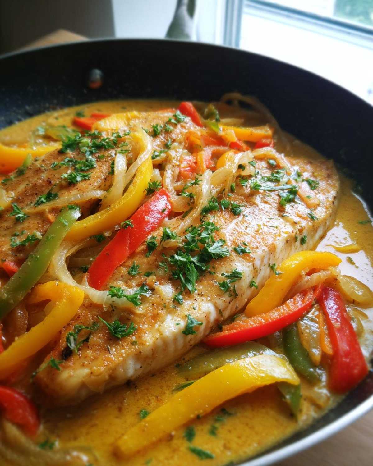 Close-up of a seasoned Tilapia in Pepper Sauce fillet simmering in a creamy yellow sauce with sliced red, yellow, and green bell peppers.