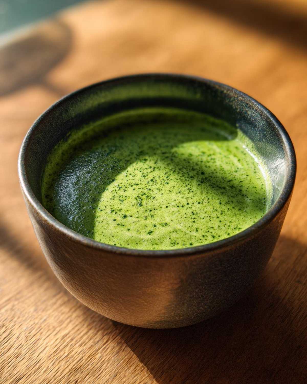 Close-up of a bowl containing vibrant green, creamy soup, possibly Creamy Garlic Broccoli Soup, resting on a wooden surface.