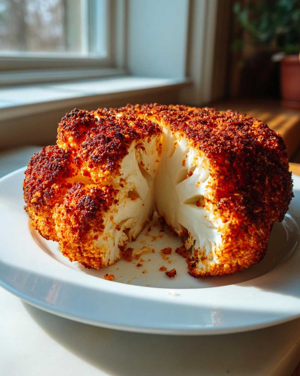 A whole roasted cauliflower, cut in half, showing a deeply browned, crispy crust from the Life Changing Crispy Baked Cauliflower Steaks recipe.