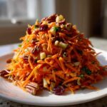 A vibrant mound of Zesty Apple Carrot Crunch Salad featuring shredded carrots, pecans, and dried cranberries on a white plate.