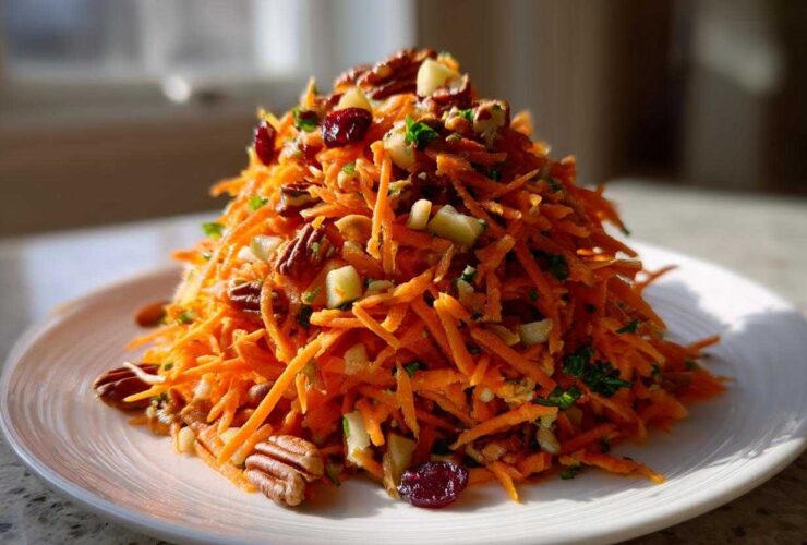 A vibrant mound of Zesty Apple Carrot Crunch Salad featuring shredded carrots, pecans, and dried cranberries on a white plate.