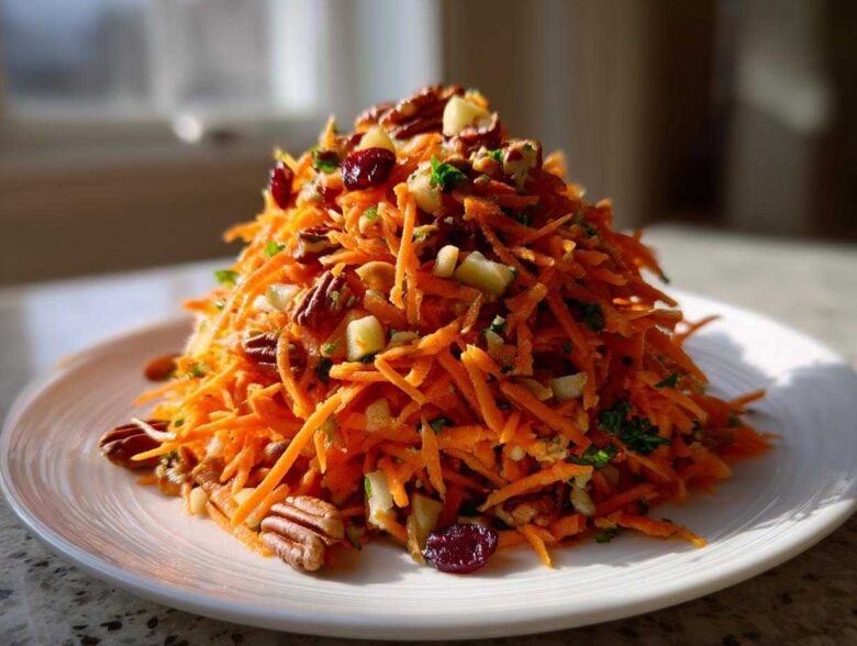 A vibrant mound of Zesty Apple Carrot Crunch Salad featuring shredded carrots, pecans, and dried cranberries on a white plate.