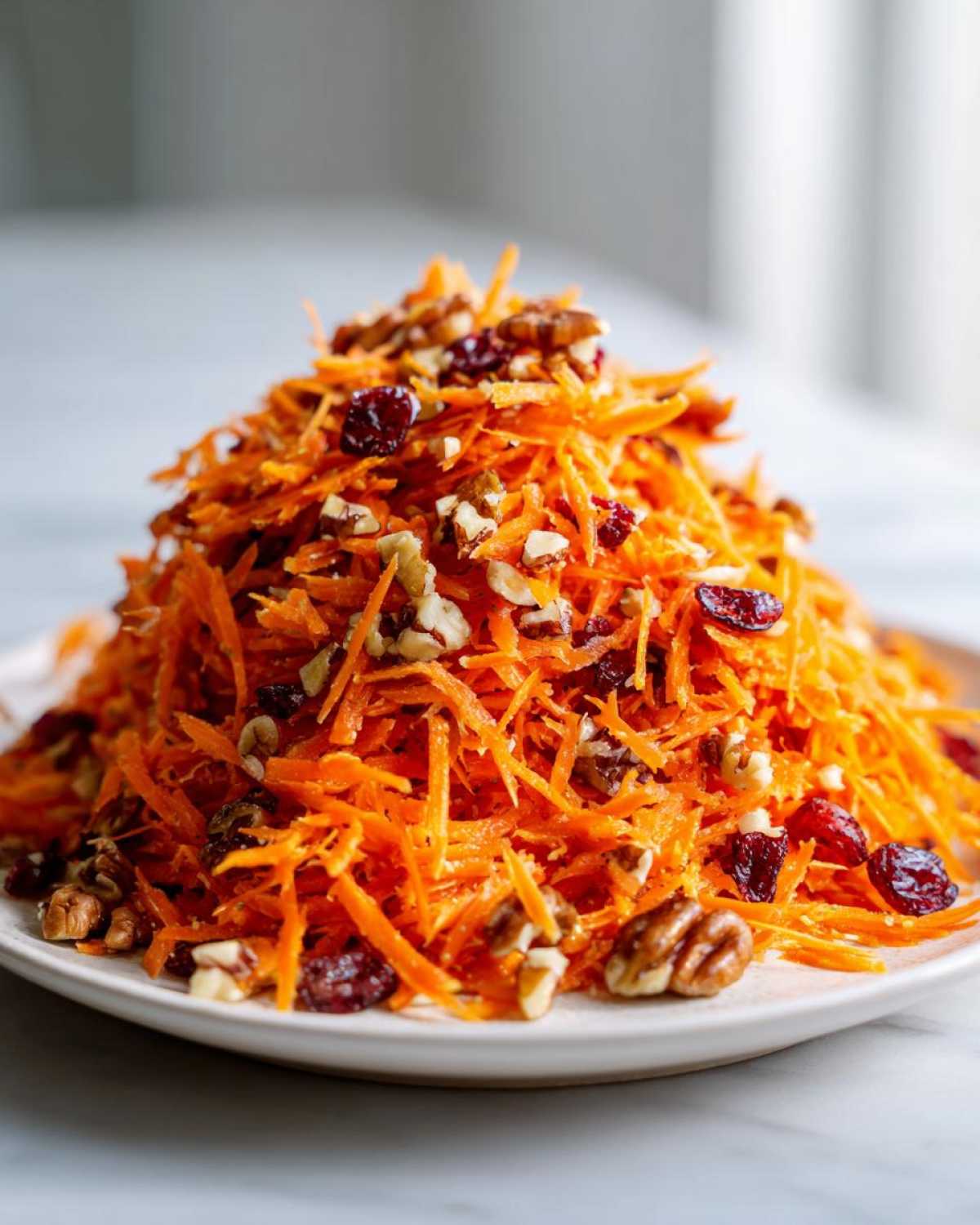 Close-up of a mound of Zesty Apple Carrot Crunch Salad featuring shredded carrots, pecans, and dried cranberries.
