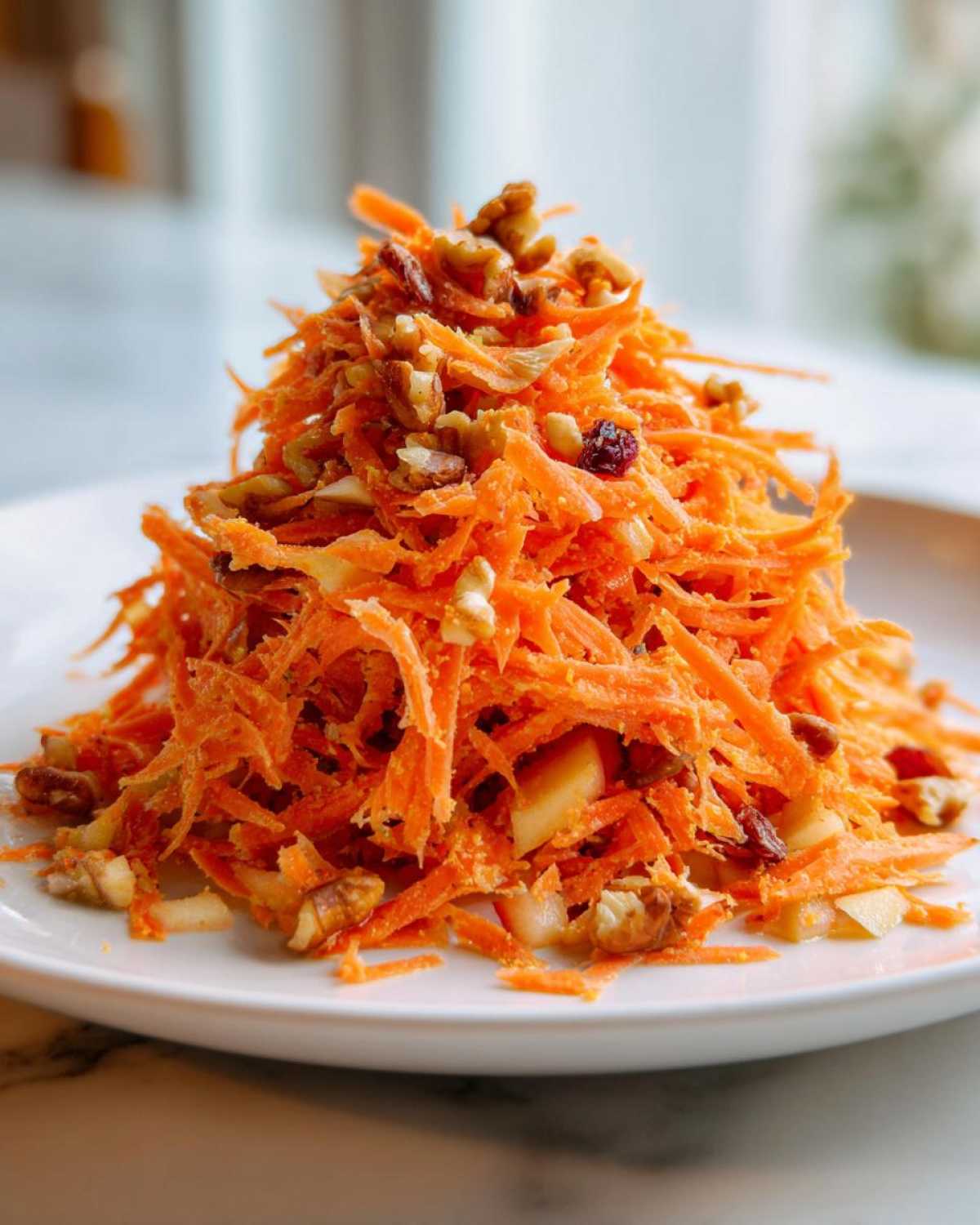 A vibrant mound of Zesty Apple Carrot Crunch Salad featuring shredded carrots, apple pieces, and walnuts on a white plate.